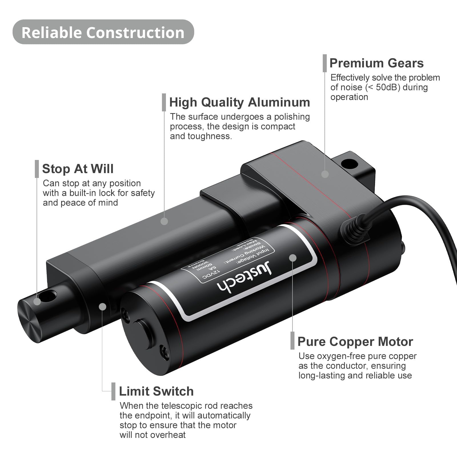 Justech Actionneur Linéaire 50mm 3000N/660LBS IP65 5mm/s Moteur Actionneurs Moteur Linéaire Actionneur Variable dB≦50 Ouvre-Porte Vérin de Levage 12V DC avec Moteur électrique CE et RoHS
