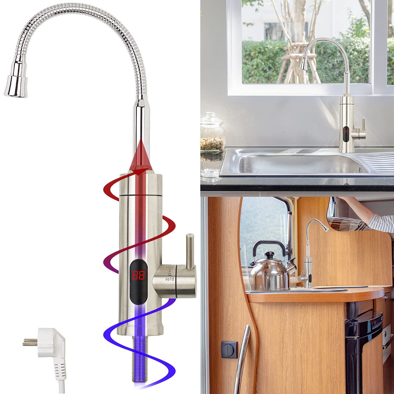 Rosenstein & Söhne Elektrischer Wasserhahn: 2in1-Edelstahl-Armatur & Durchlauferhitzer, LED-Display, 60 °C, 1/2" (Durchlauferhitzer Wasserhahn, Duscharmatur mit, Bad)