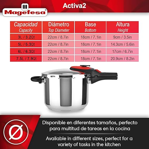 Miniatura 2 de Magefesa Activa2 - Olla a presión de acero inoxidable de 5.3 cuartos de galón, 2 programas de cocción, funciona en todas las estufas, mango rojo