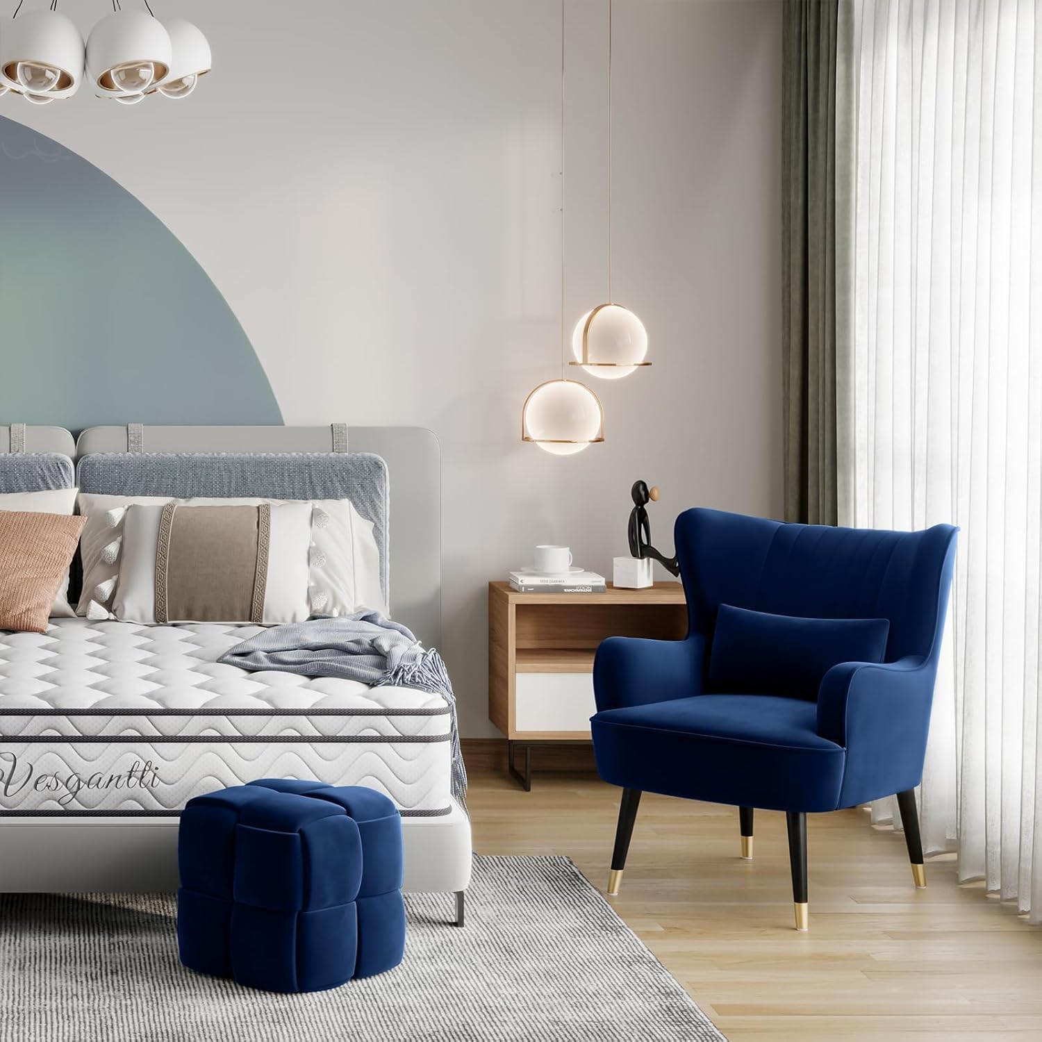 Vesgantti Samt Sessel, Moderne Relaxsessel mit Holzbein, Loungesessel mit Armlehnen, Ohrensessel für Wohnzimmer Schlafzimmer (Blau, Ohne Fußhocker)
