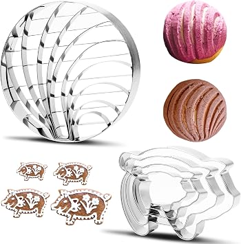 Concha Cutter Mexican Bread Mold 4.29 Inch with 4pcs Pig Cookie Cutter Set, Stainless Steel Stainless Steel Pan Dulce Mold, Two Sided Concha Stamp for Conchas Mold & Baking Tool