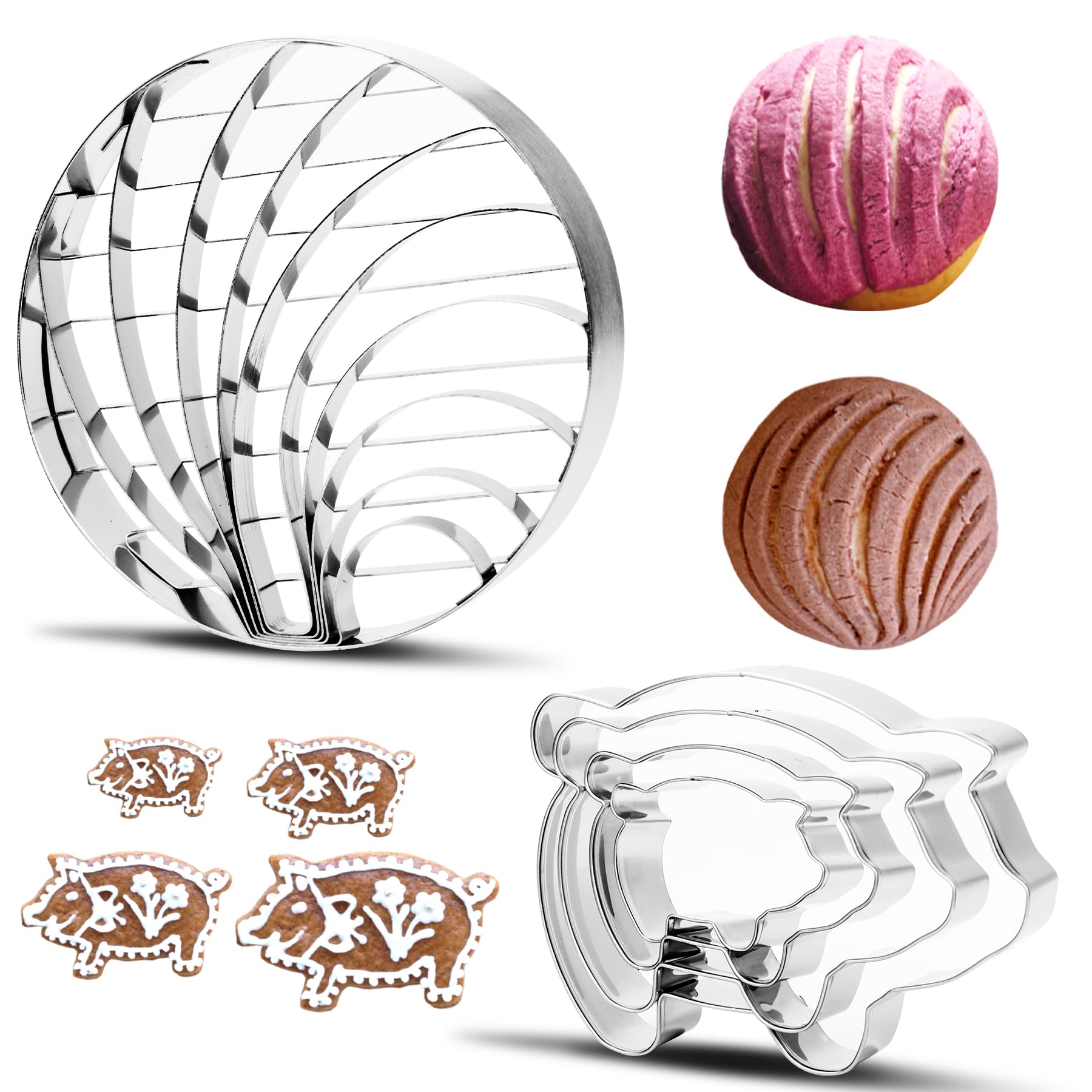 Cortador de concha, molde de pan mexicano de 4.29 pulgadas con 4 cortadores de galletas de cerdo, juego mexicano, sello de concha de acero inoxidable, cortador de pan de dos caras para moldes