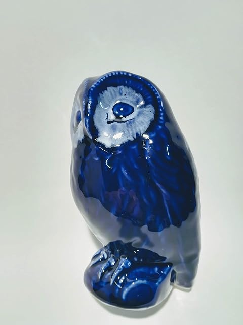 Owl pottery money box hand glazed in cobalt blue