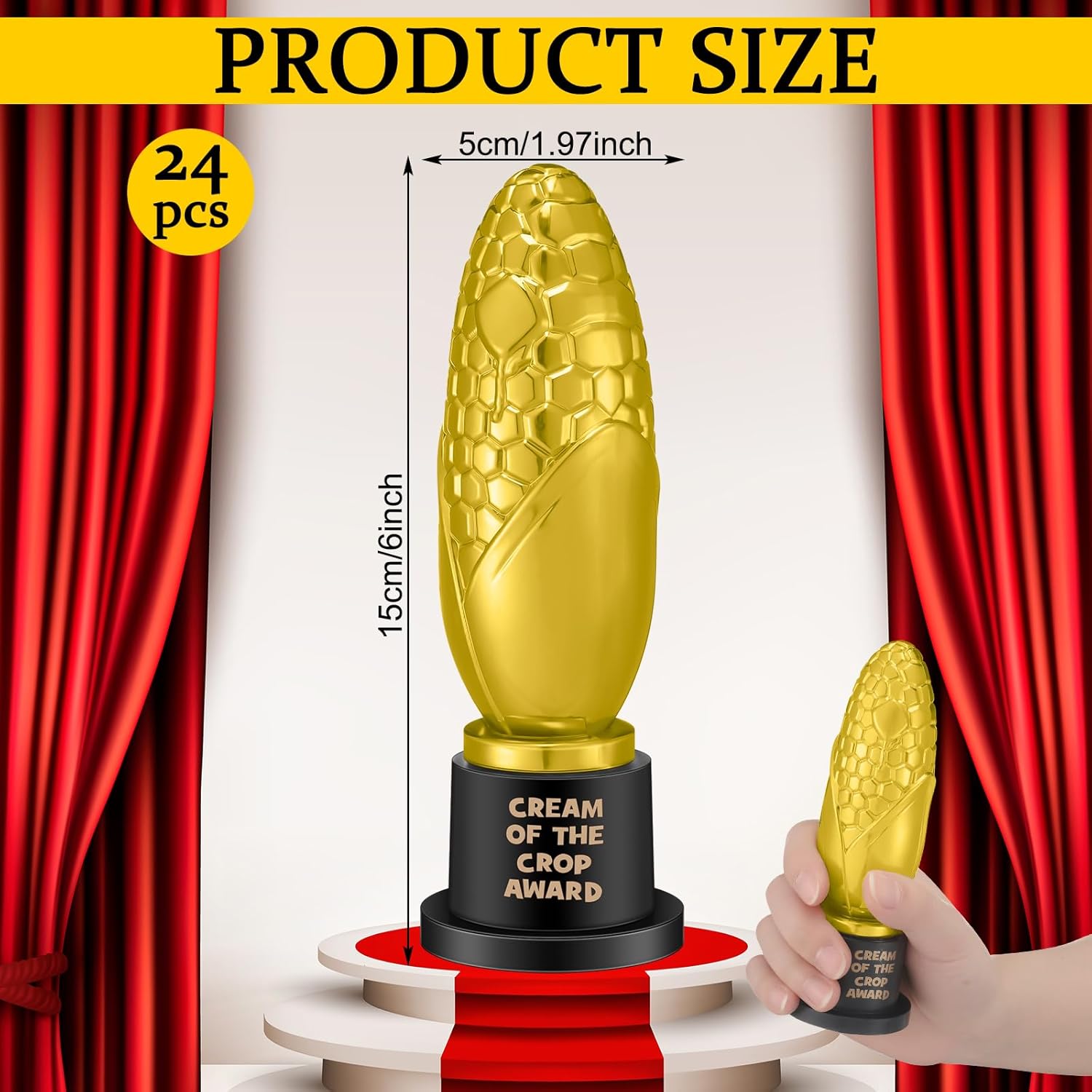 24 Pcs Corn Trophy Award 6 Inch Cream of The Crop Funny Trophy Award Funny Graduation Gifts MVP Gold Plastic Corn Decor Bulk Sports Event Party Favors for Champion Employee Coworker Friend