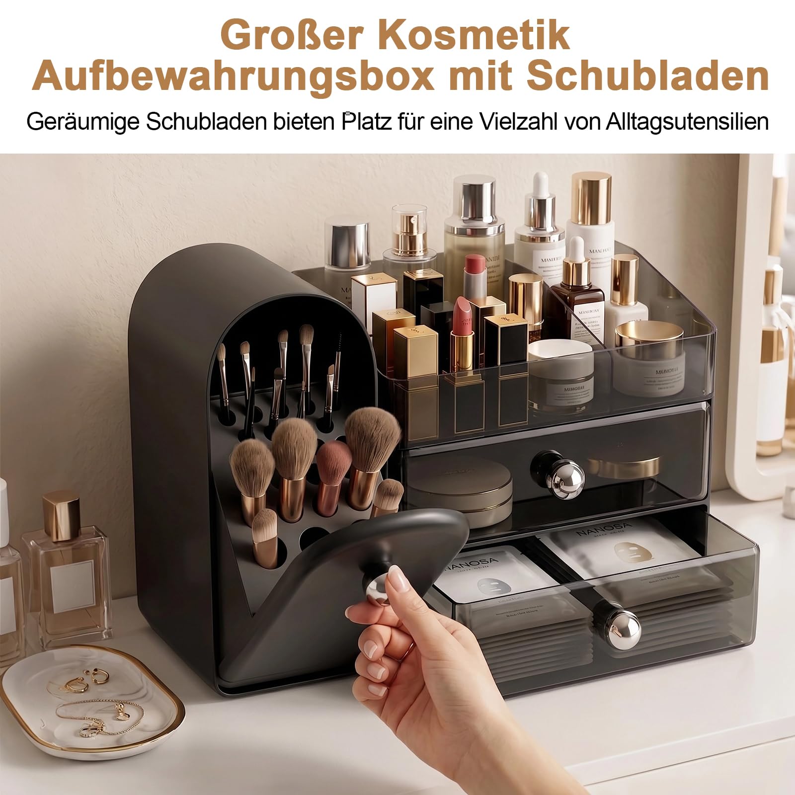 ERWEY Make Up Kosmetik Organizer mit Schubladen, Große Schminktisch Organizer Pinsel Aufbewahrung, Kosmetik Aufbewahrungsbox für Kommode Schminktisch Badezimmer (Schwarz)