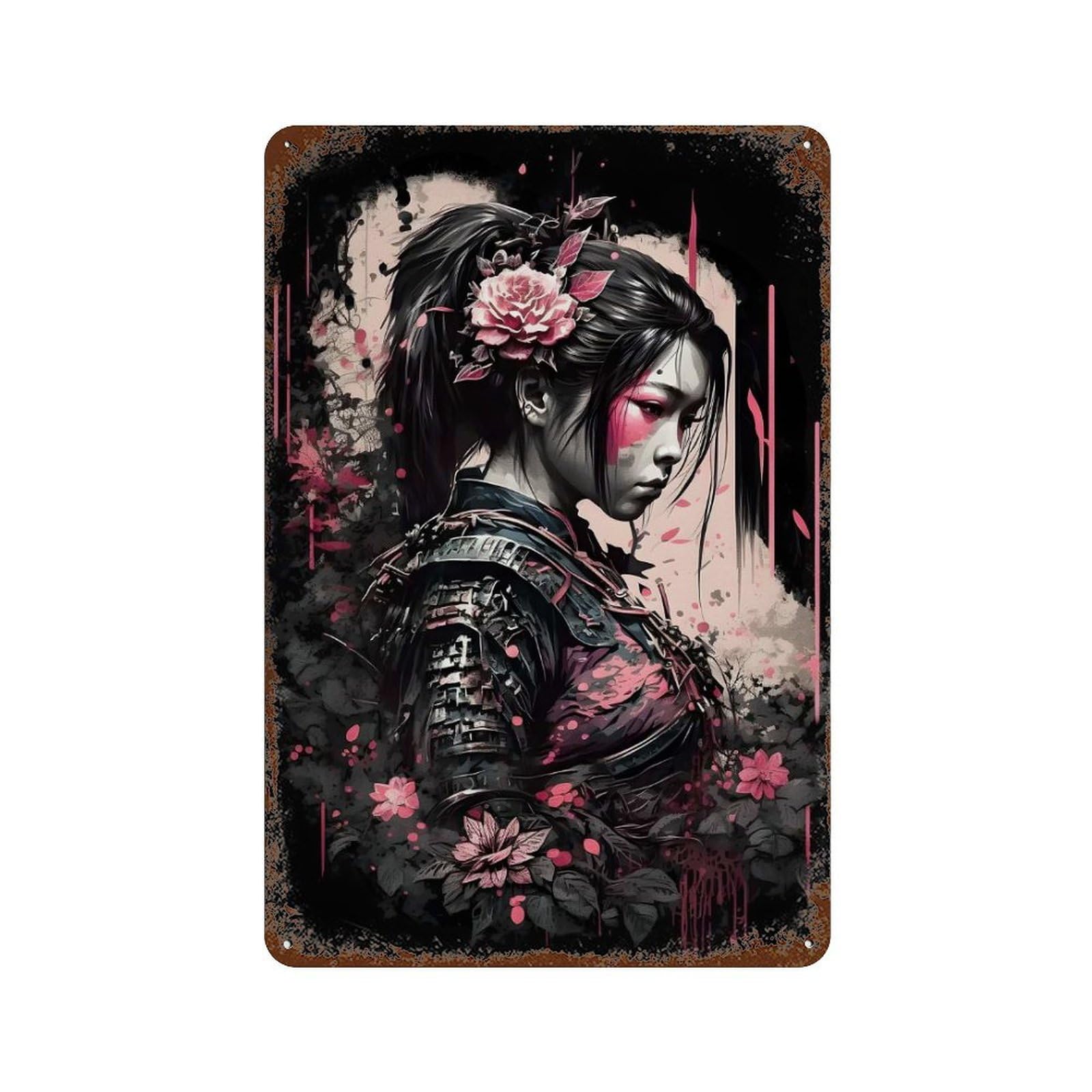 Samuarai Geisha Flowers Aged Metal Wall Plaque 11.8"x7.9", for Pub, Kitchen And Man Cave Decor, Decorative Metal Wall Art