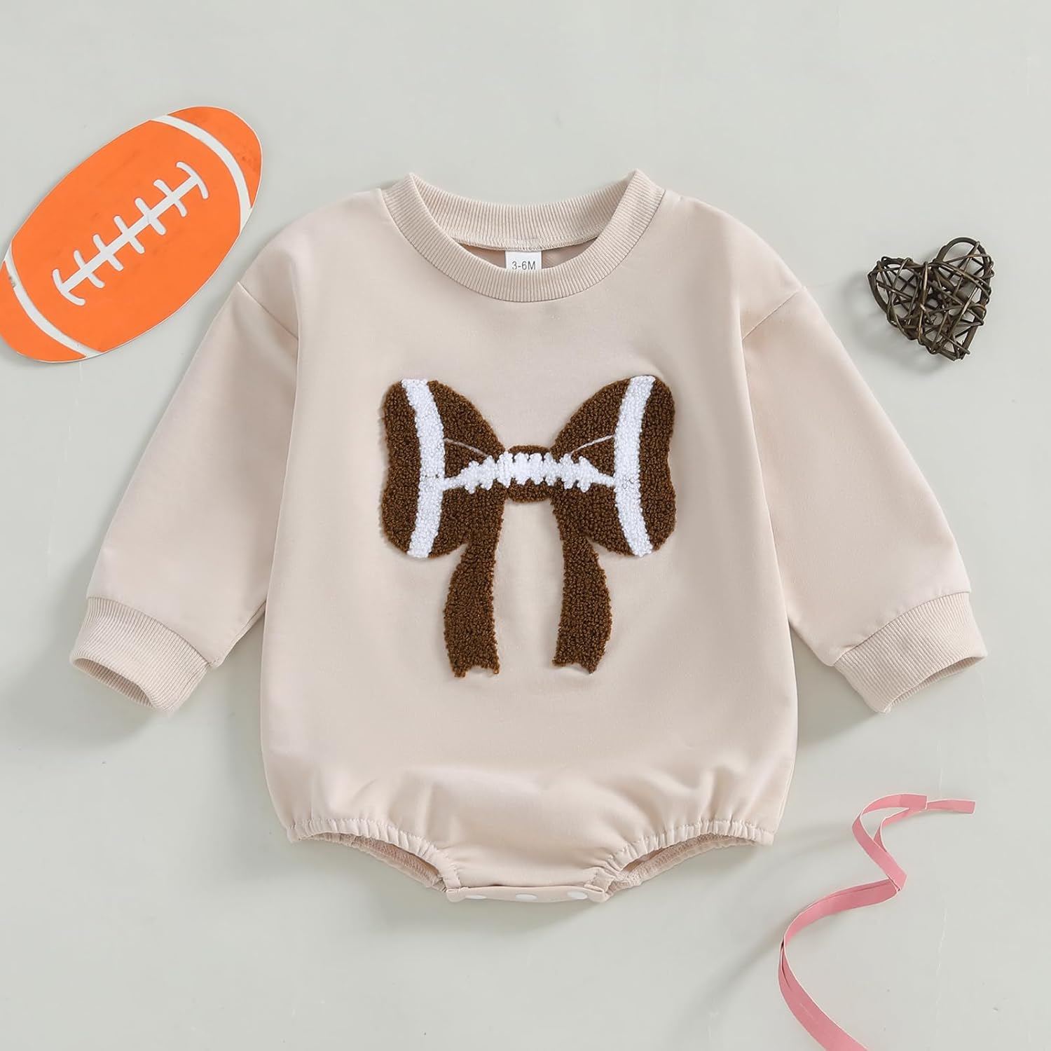 Karuedoo Newborn Baby Boy Girl Football Outfit Football Bow Sweatshirt Romper Oversized Long Sleeve Bubble Romper Bodysuit - Image 3