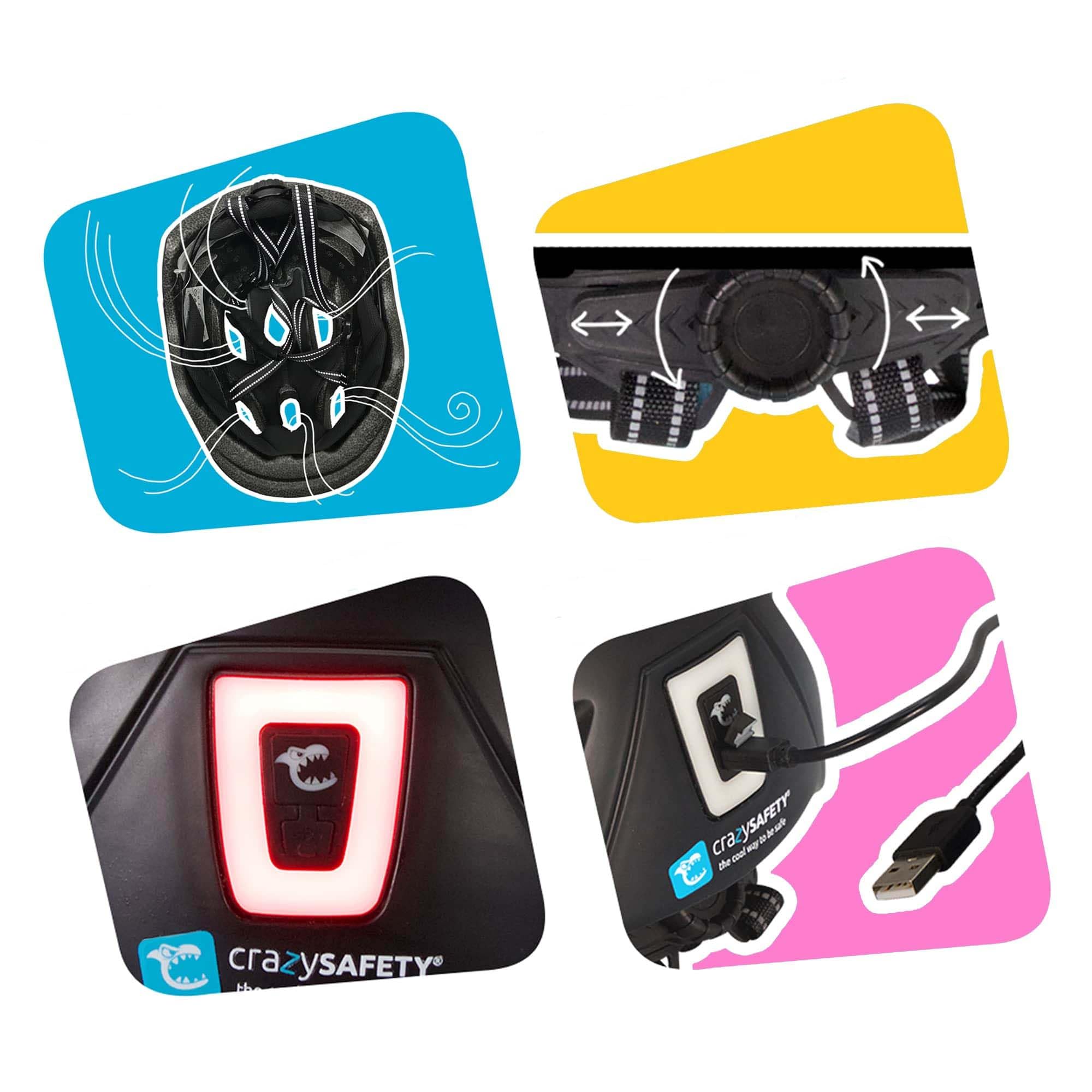 Crazy Safety Cool S.W.A.T. dziecięcy kask rowerowy | kask rowerowy dla dzieci w wieku 6-12 lat do rowerów, deskorolek, rowerów górskich, łyżworolek, tylnego światła ładowanego przez USB,