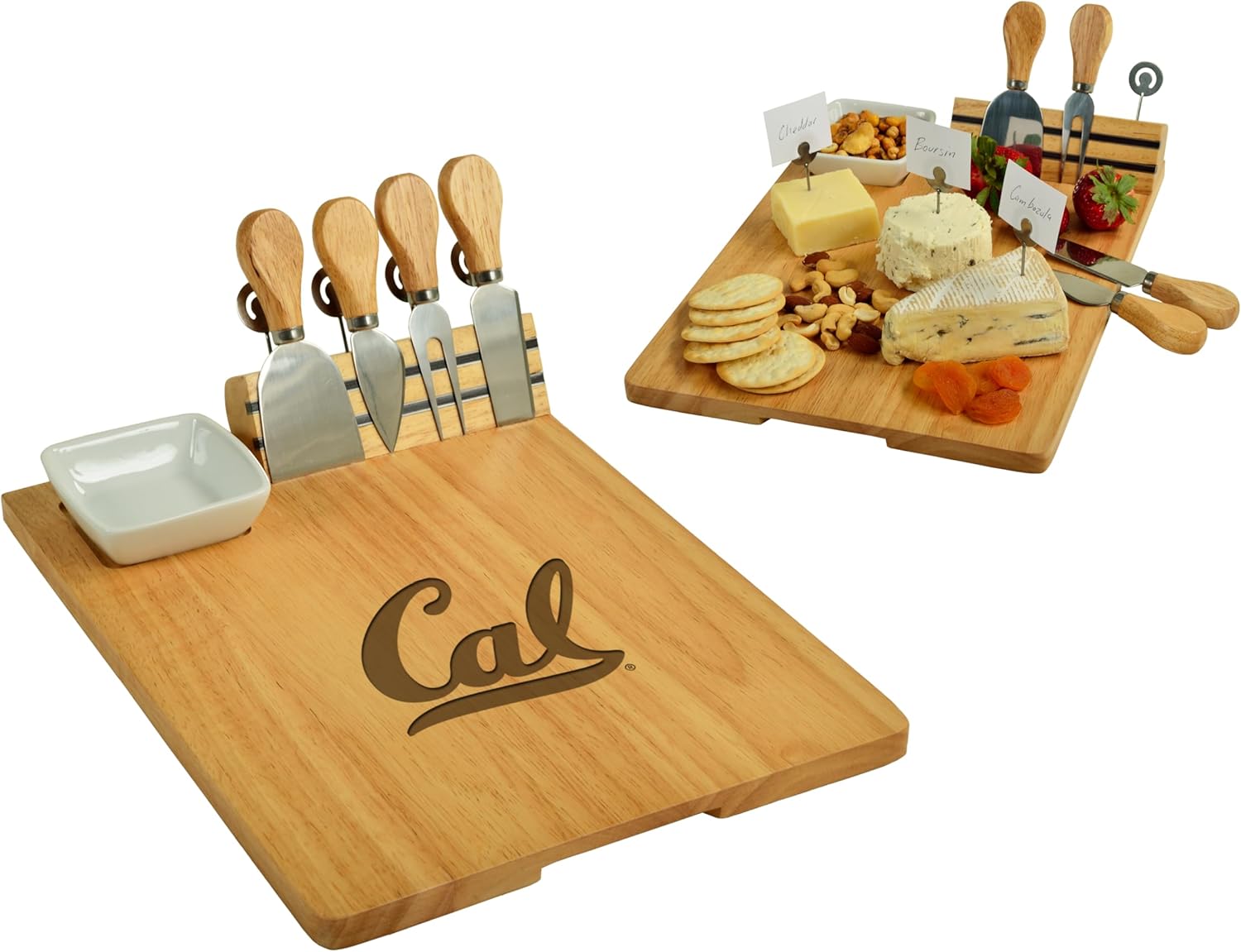 NCAA California Berkeley University Officially Licensed Golden Bears Bamboo Cheese/Charcuterie Board with Ceramic Bowl, Knife Set & cheese Markers
