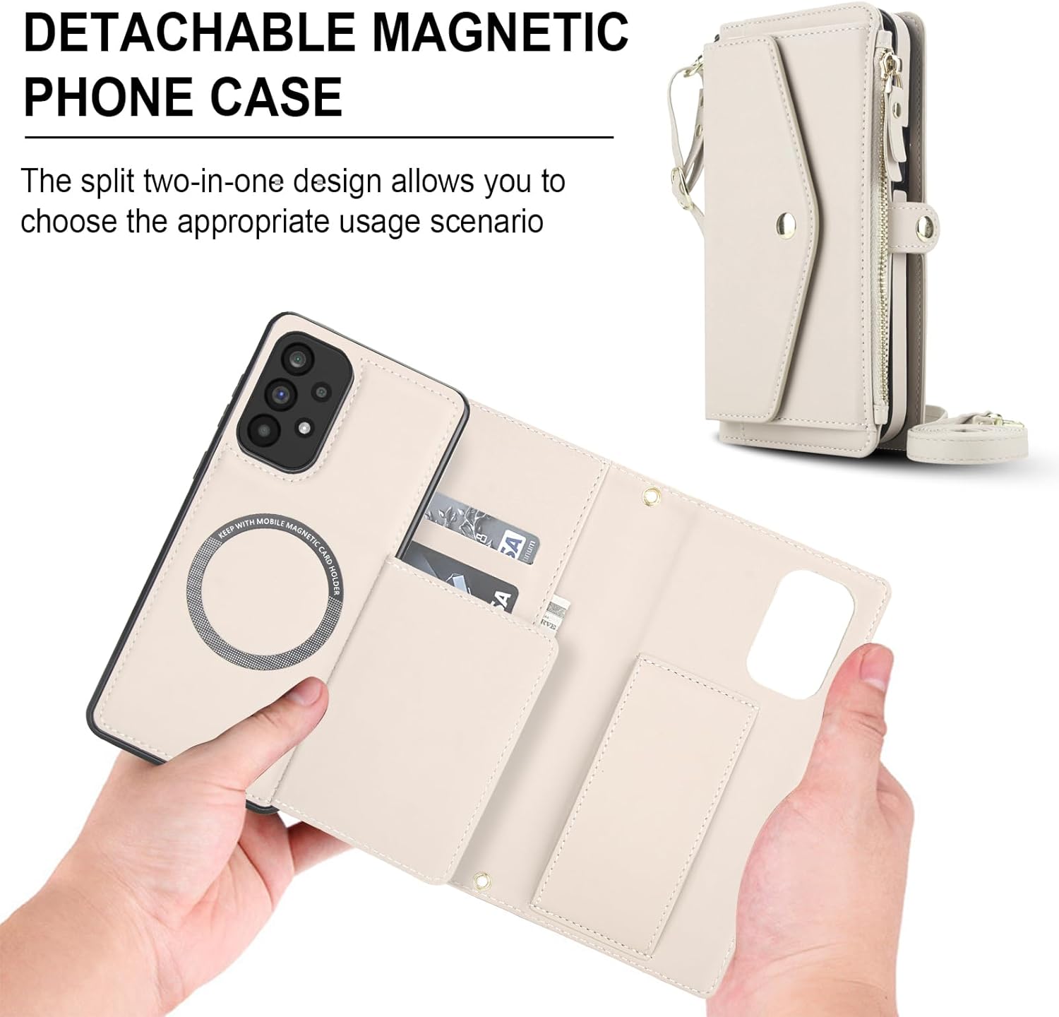 Phone Case for Samsung Galaxy A52/A52S 5G Wallet Cover Compatible with Magsafe RFID Screen Protector Crossbody Lanyard Strap Flip Card Holder Slot Zipper Cell A 52 S 4G G5 52A S52 52S Off White