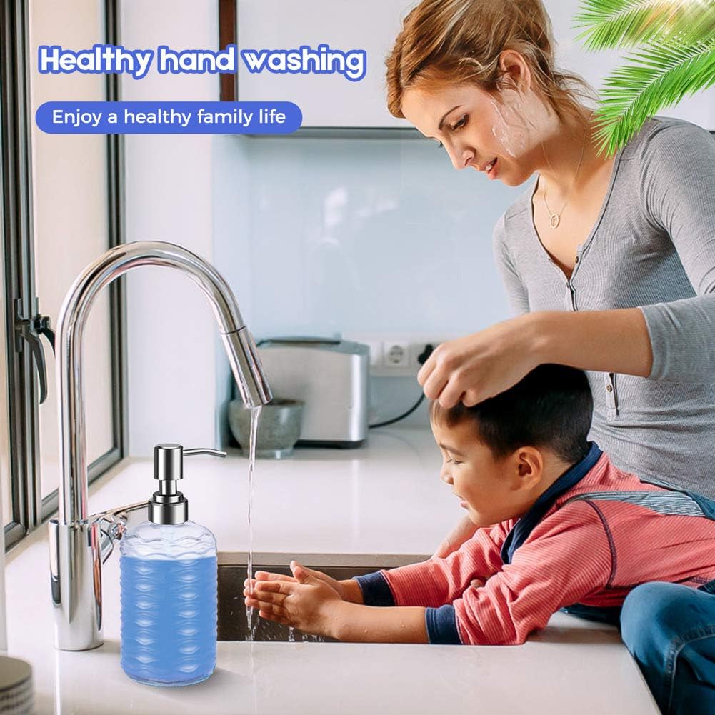 2 Pack Soap Dispenser 18 Ounce Tempered Glass Clear Hand Liquid Soap Bottle Refillable Lotion Dispensers with Rust Proof Pump for Bathroom Countertop Kitchen Sink (Horizontal Stripes)