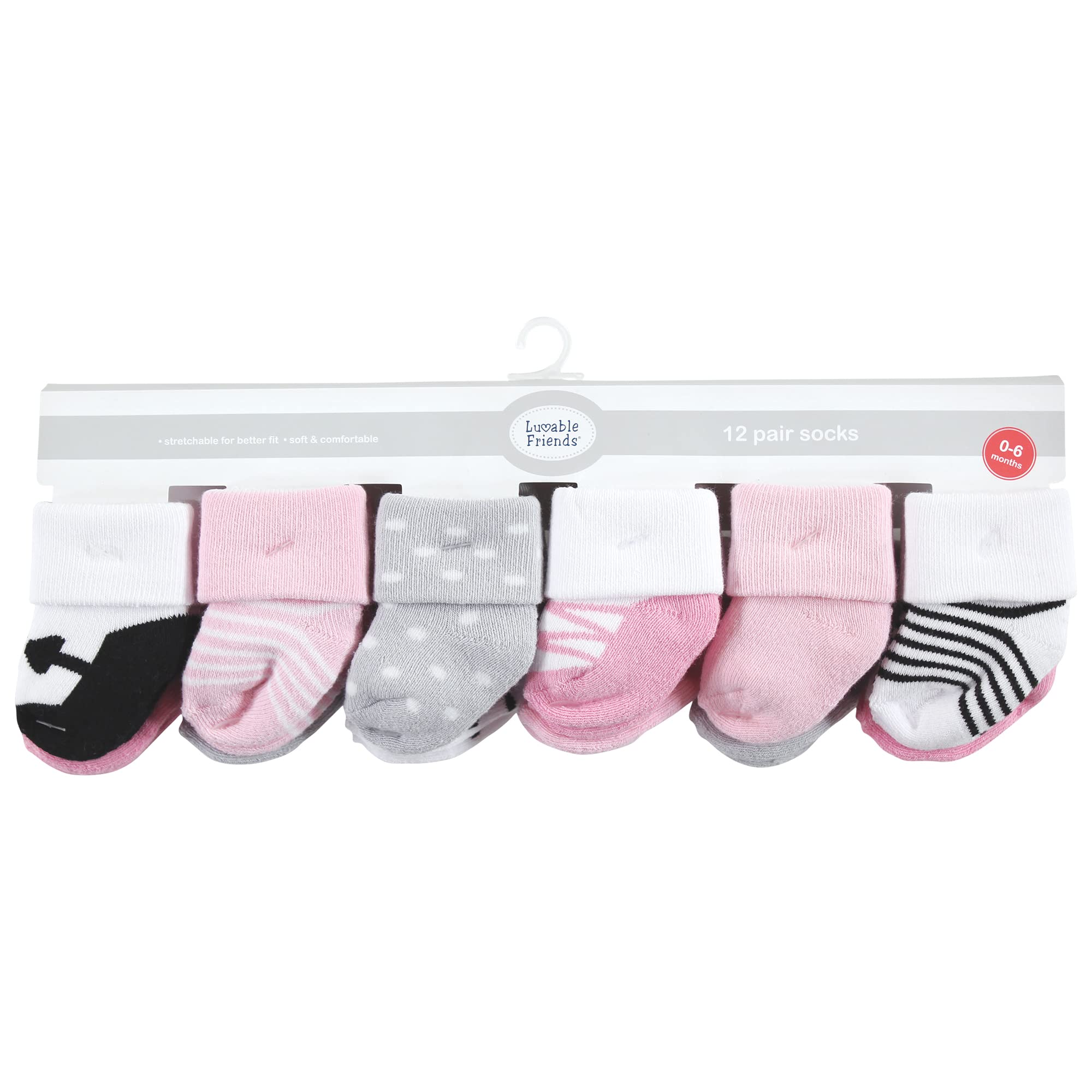 Luvable Friends Damen Unisex Neugeborene und Baby Frotteesocken Ballett 12er Pack 6-12 Monate, Balletttasche, Rosa, Schwarz, 12 Stück