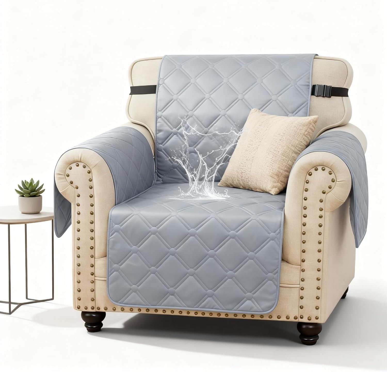 XINEAGE Waterproof Sofa Covers 1 Seater, Chair Cover with Elastic Straps & Pockets, Triple Non-Slip Sofa Slipcovers, Washable Furniture Protector for Pets and Kids (Chair, Light Grey)