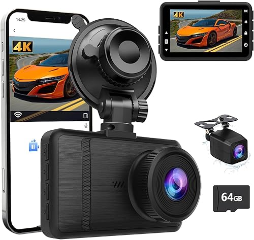 Udatuhao 4K+1080P Cámara de tablero dual para automóviles con control WiFi, visión nocturna, sensor G, estacionamiento 24 horas, grabación en bucle,