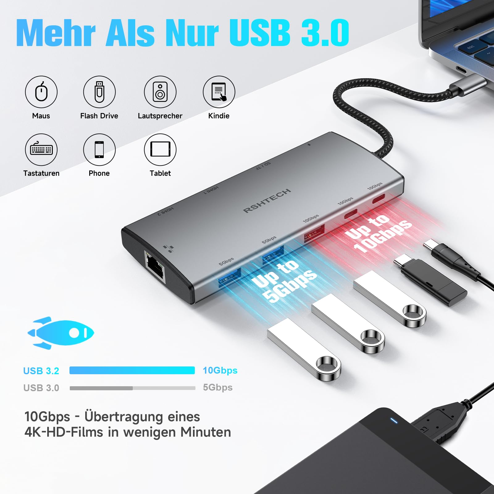 RSHTECH 11 in 1 MacBook Laptop Dockingstation mit 2 HDMI (8K und 4K), USB 3.2 und 3.0, 100W PD, SD/TF, Gigabit Ethernet - USB C Docking Station 2 Monitore - Geeignet für Windows, Linux und Mas OS