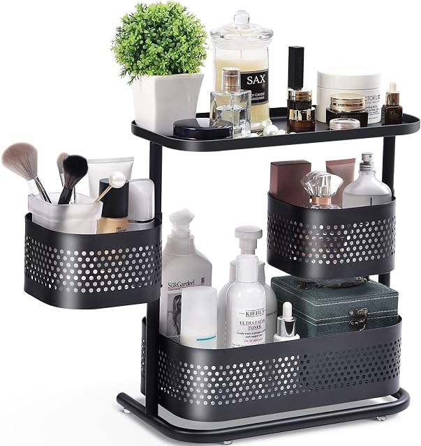 APEXCHASER 3-Tier Rotating Makeup Organizer Storage, Cosmetic Organisers with 2 Revolving Baskets, Countertop Bathroom Organiser, Spice Rack for Dresser, Bedroom, Kitchen, Black