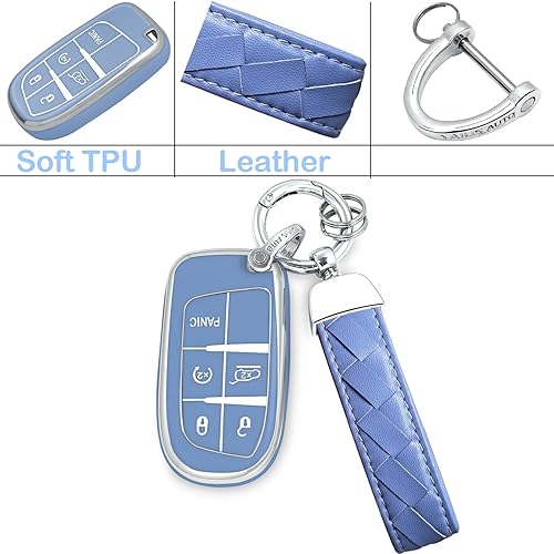 Miniatura 6 de Funda para llavero con llavero de cuero, TPU suave de 5 botones, compatible con llave de automóvil Grand Cherokee Renegade 2014-2023 para control