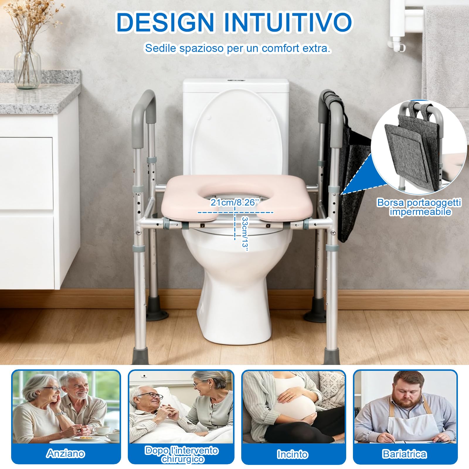 NJUN Rialzo WC per Anziani, Sedile del Water Rialzato con Braccioli, Regolabile in Altezza 66-84 cm, Comoda WC Alzata Water per Anziani con Seduta Imbottita e Telaio in Alluminio, Braccioli per WC