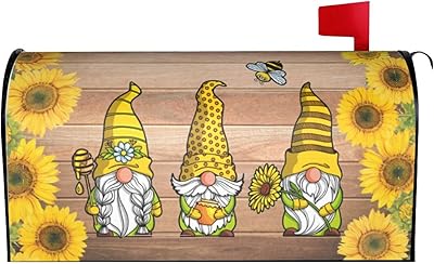 Oplp Gnome Bee and Honey Pot Waterproof Mail Cover Magnetic Mailbox Wraps Sunflower Wooden Panel Background Post Letter Box Cover for Garden Home Decor 21x18 in