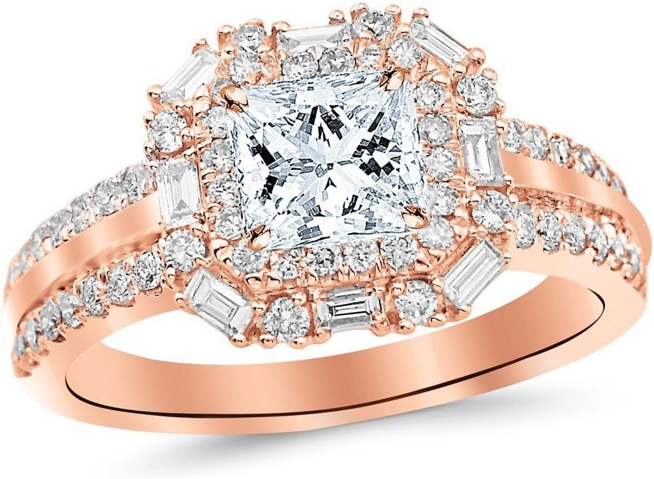 1.4 CTW Double Row Baguette and Round Halo Diamond Engagement Ring w/ 0.7 Ct GIA Certified Princess Cut J Color SI1-SI2 Clarity Center