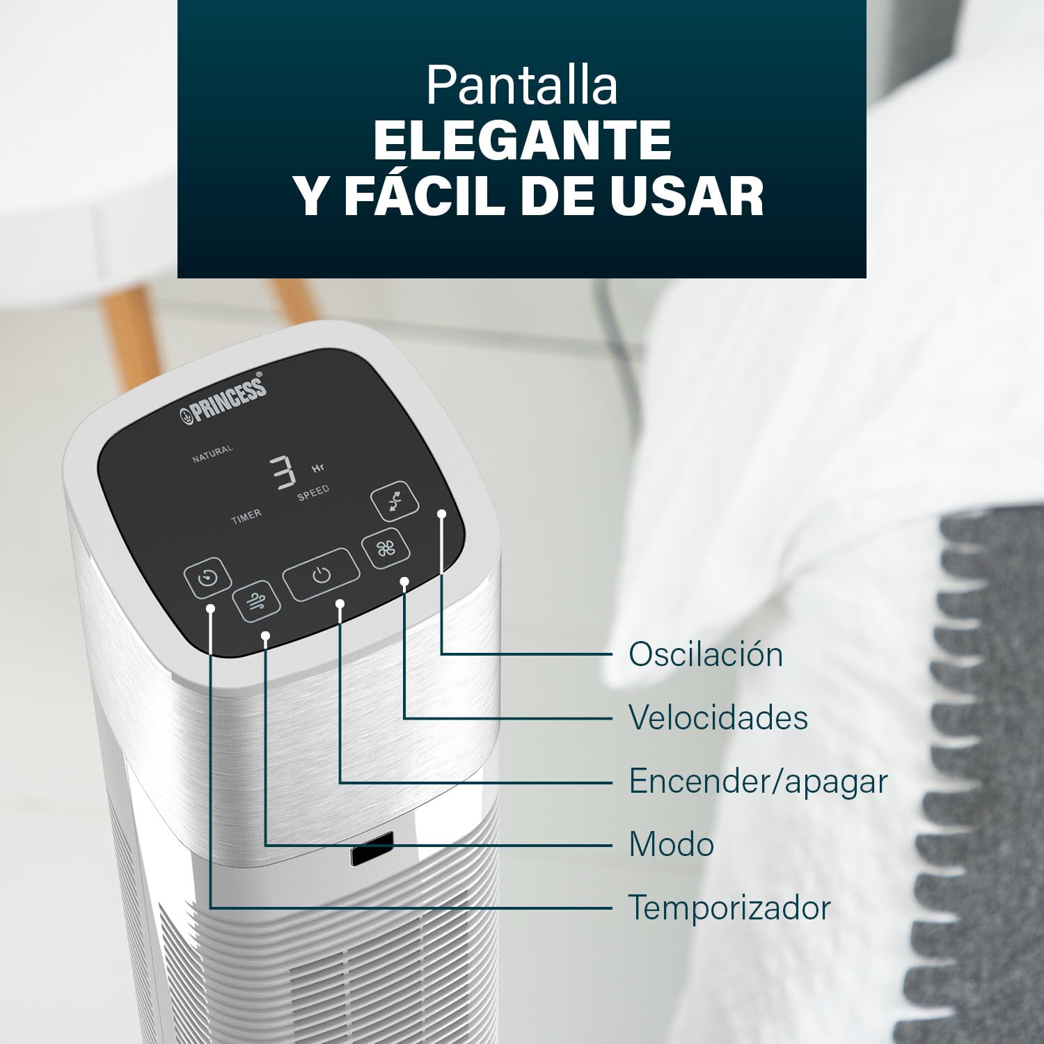 Princess Ventilador de torre compacto 3 ajustes y 3 velocidades - Oscilación - Conectado