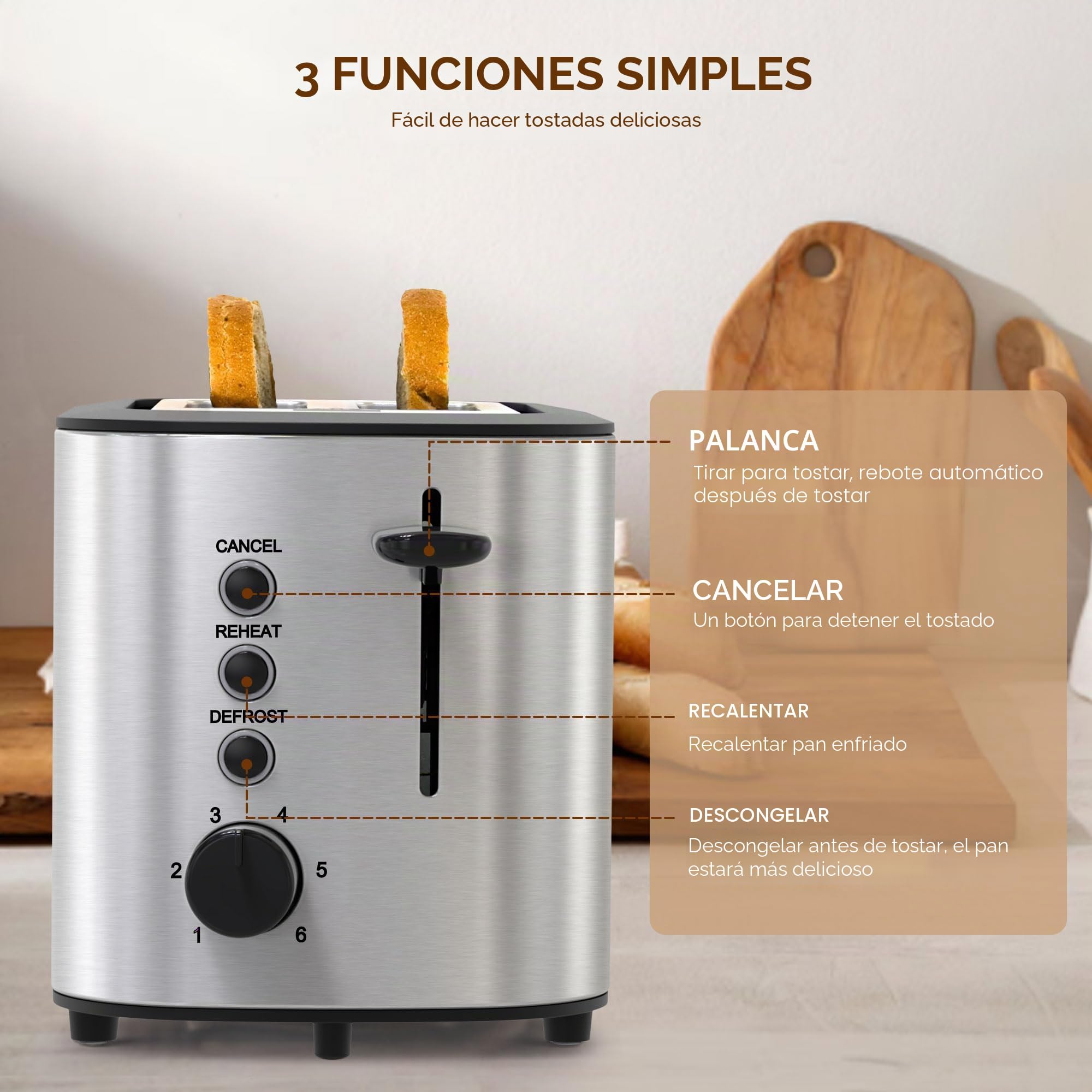 KitchenBoss Tostadora con 2 Rebanadas de 870 W: Tostadora de Acero Inoxidable con Accesorio para Panecillos y Bandeja Recogemigas, 6 Niveles de Tostado