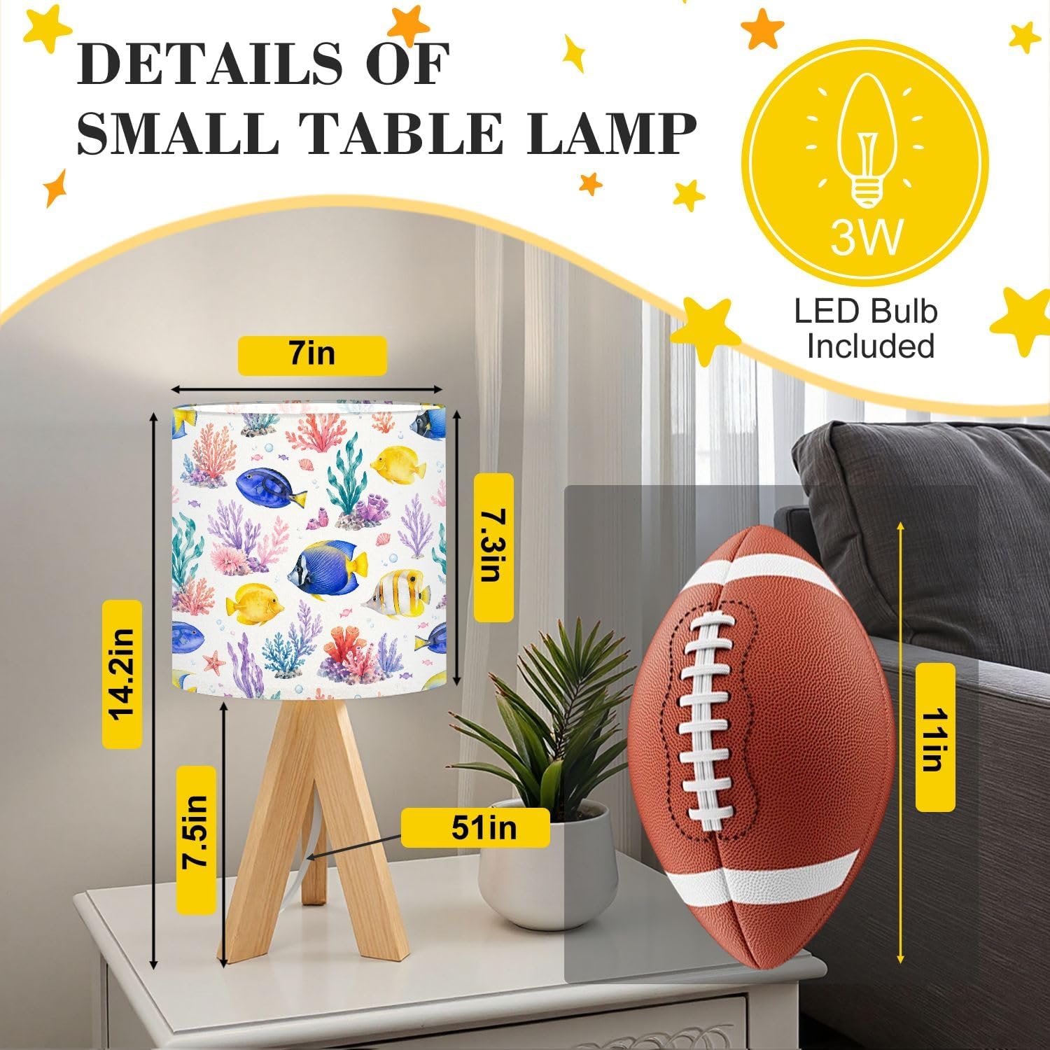 Tripod Bedside Table Lamp for Bedroom Vibrant Tropical Fish Coral Nightstand Lamps Desk Lamp with Linen Fabric Shade for Nursery Room Living Room Kids Room image 2