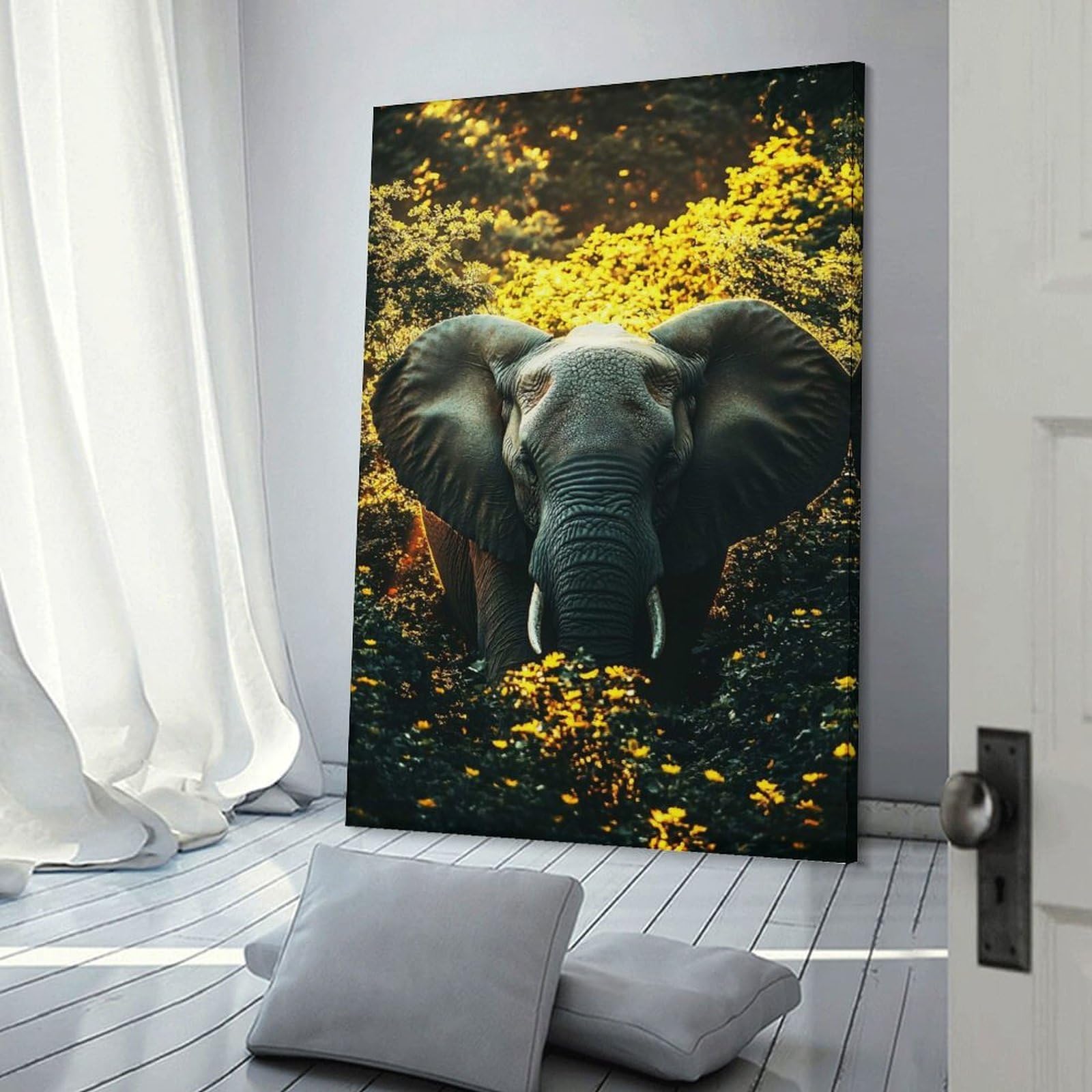 Junmoney Frame-Style-13 Elephant In Golden Floral Forest Room Decor Wall Art 20X30inch(50X75cm), For Lounge Decor, Offices Or Entryway Styling, A Flexible Wall Accent For Shared Spaces