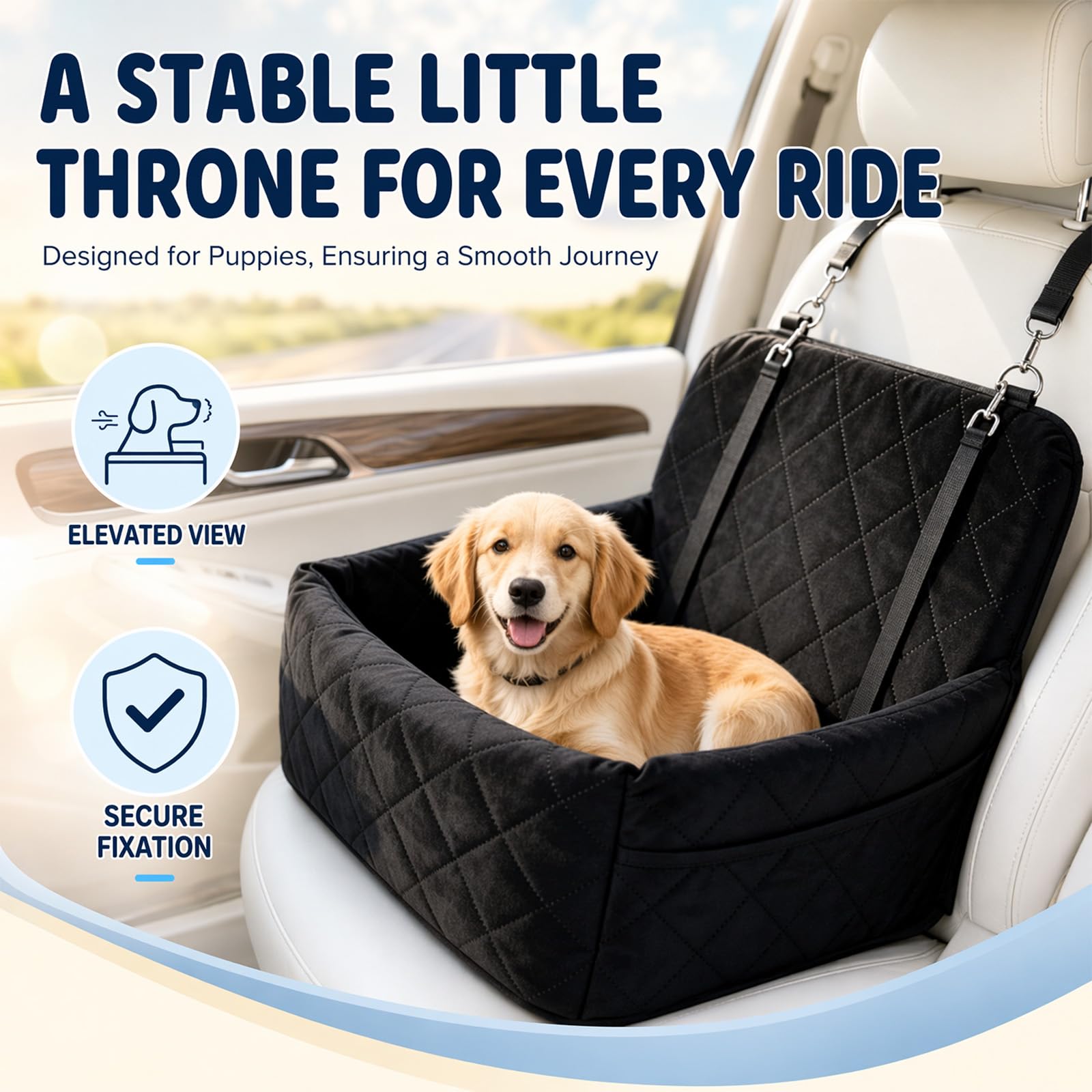 Seggiolino auto per cani, sedile posteriore per cani, con memory foam spessa, sedile sicuro per cani per auto con spessa memory foam, 2 cinture di sicurezza e fodera lavabile