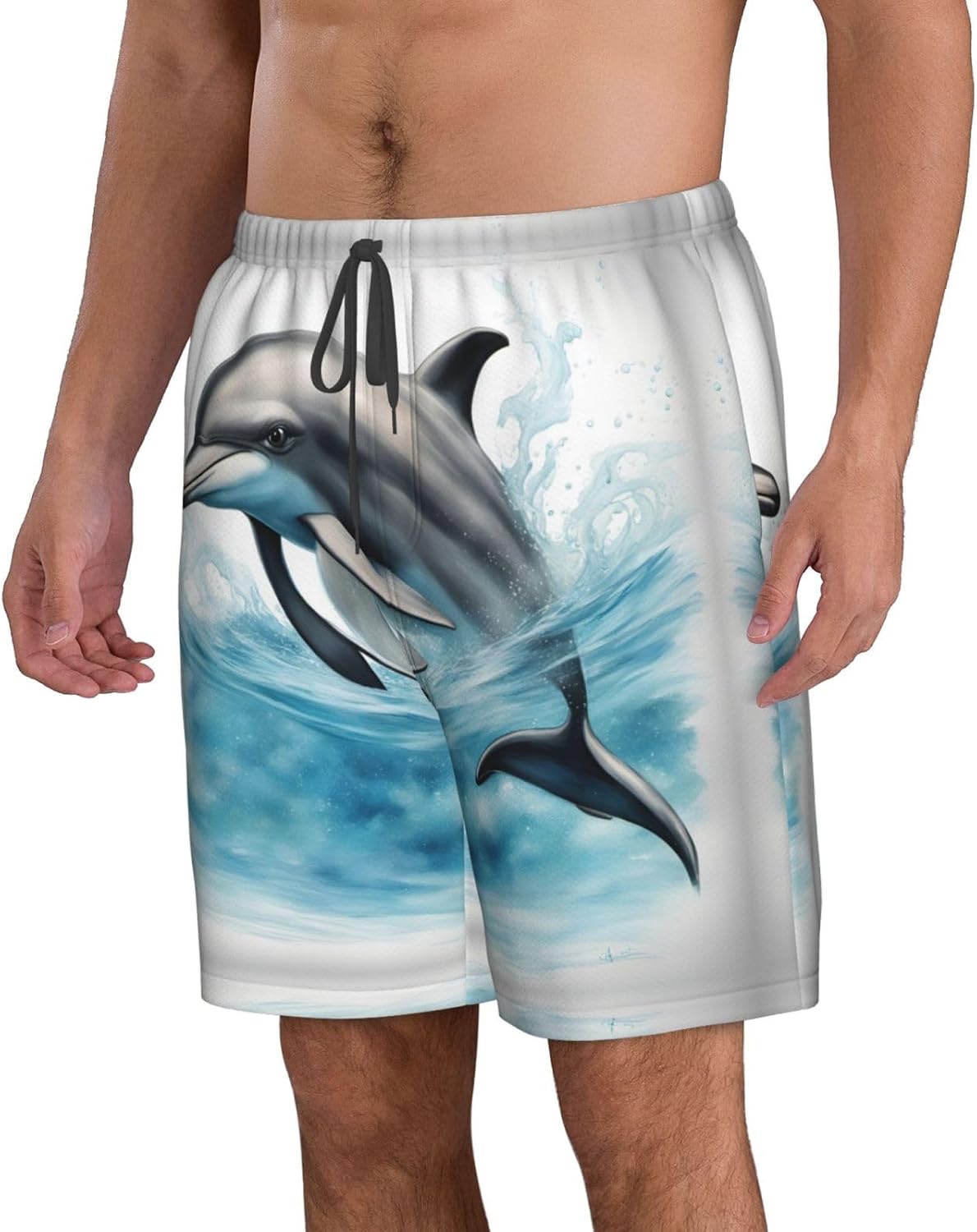 Ocean Dolphin Looking at You Print Men's Quick-Drying Shorts Casual Beach Pants Stretch Waist Shorts and Pockets