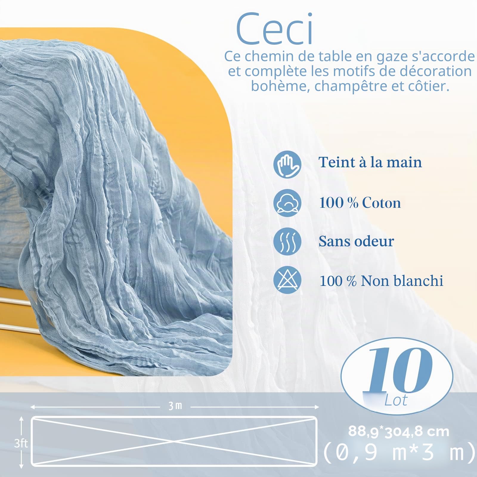10 Pack Chemin de Table en Étamine Bleu Poussiéreux - 10FT Long Semi-Transparent en Gaze - Tissu Boho
