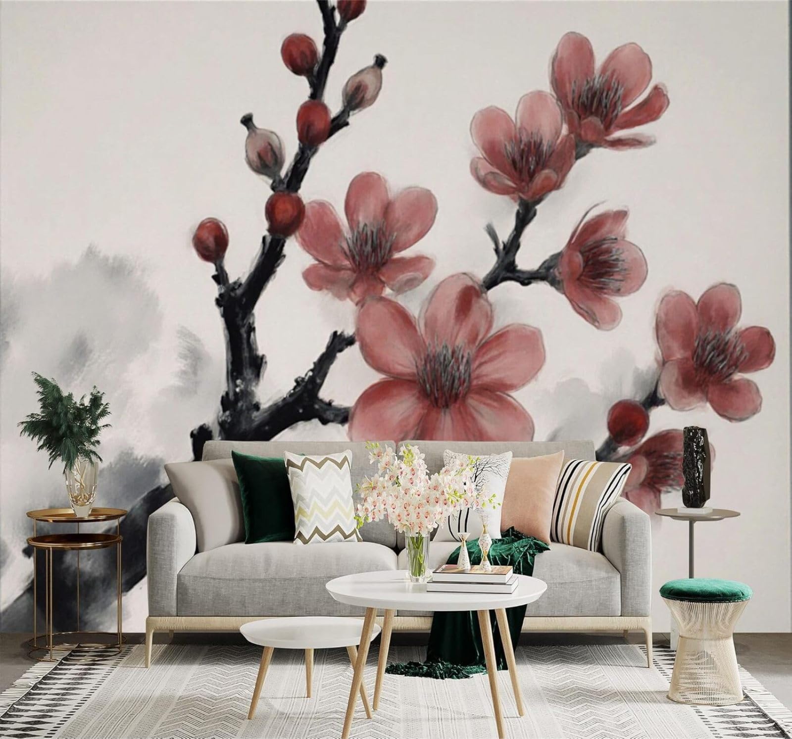 XLMING Hand Drawn Ink Wash Red Plum Blossoms Branches Art 3D Wallpaper Premium Textured Silk Study Dining Living Room Bedroom Sofa TV Wall Easy Install-250cm×170cm