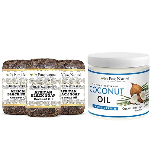 It's Pure Natural Bundle of Extra Virgin Organic Unrefined Raw Coconut Oil (16 oz) for Skin with Coconut Oil (Pack of 3) Soap for Face & Body, Acne