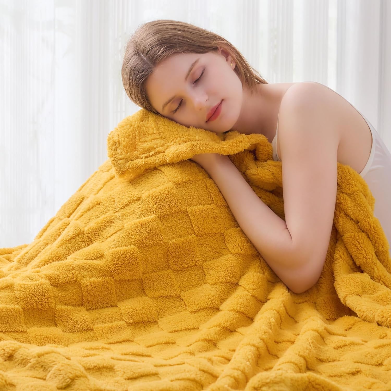 NEWCOSPLAY Super Soft Queen Blanket Mustard Yellow Premium Silky Flannel Fleece 3D Checkered Lightweight Bed Blanket All Season Use (Mustard Yellow Checkered, Queen(90"x90")) - Image 8