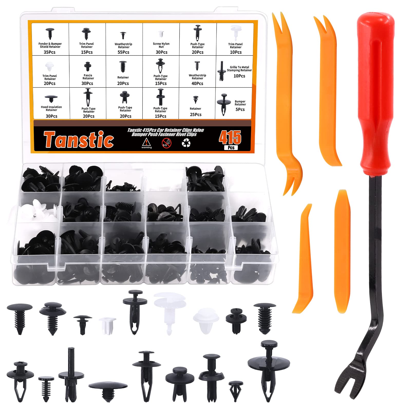 Tanstic 420Pcs Auto Push Pin Rivets Set, Bumper Retainer Clips Plastic Rivets Fasteners, 18 Most Popular Sizes Car Fender Clips, Push Retainer Kit with Fastener Remover Compatible with GM Ford Toyota