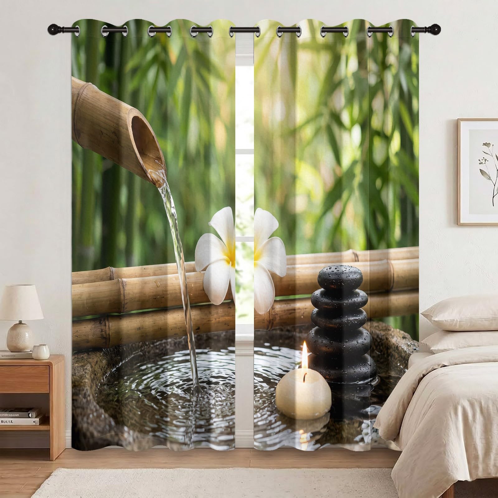 Générique Lot de 2 Rideaux à Japonais 110L X 215H cm (2 Panneaux), Rideau Occultant Motif Zen Spa Vert, Rideaux Thermiques à Oeillets Décoration pour Salon Chambre Salle à Manger
