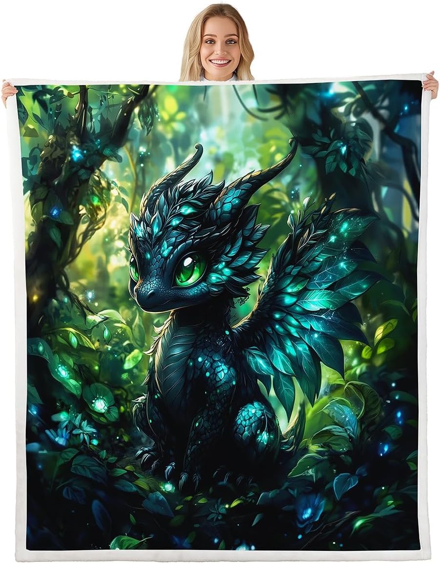 Manfei Life Golden Tree Kids Throw Blanket,Phoenix Dragon Lightning Light Mountain Bed Blanket for Boys Girls,Magical Natural Tale Blue Trippy Fuzzy Blanket,Queen Size (90 x 90 Inches)