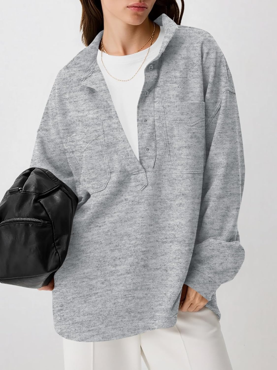 Fisoew Womens Oversized Sweatshirt Casual Long Sleeve Henley V Neck Pullover Tops Fall Outfits Clothes - Image 2