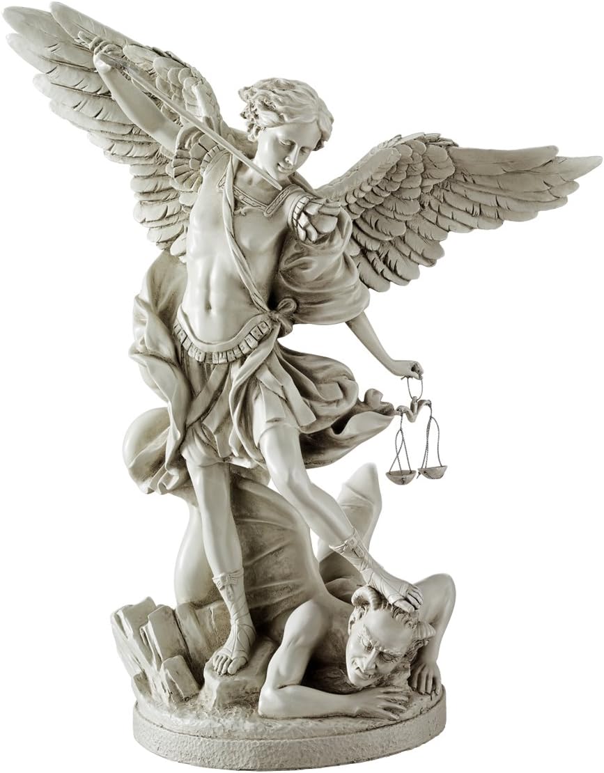 Michael the Archangel Religious Garden Decor Statue, 14 inches wide, 17 inches tall, Cast Stone Resin, Antique Stone Finish