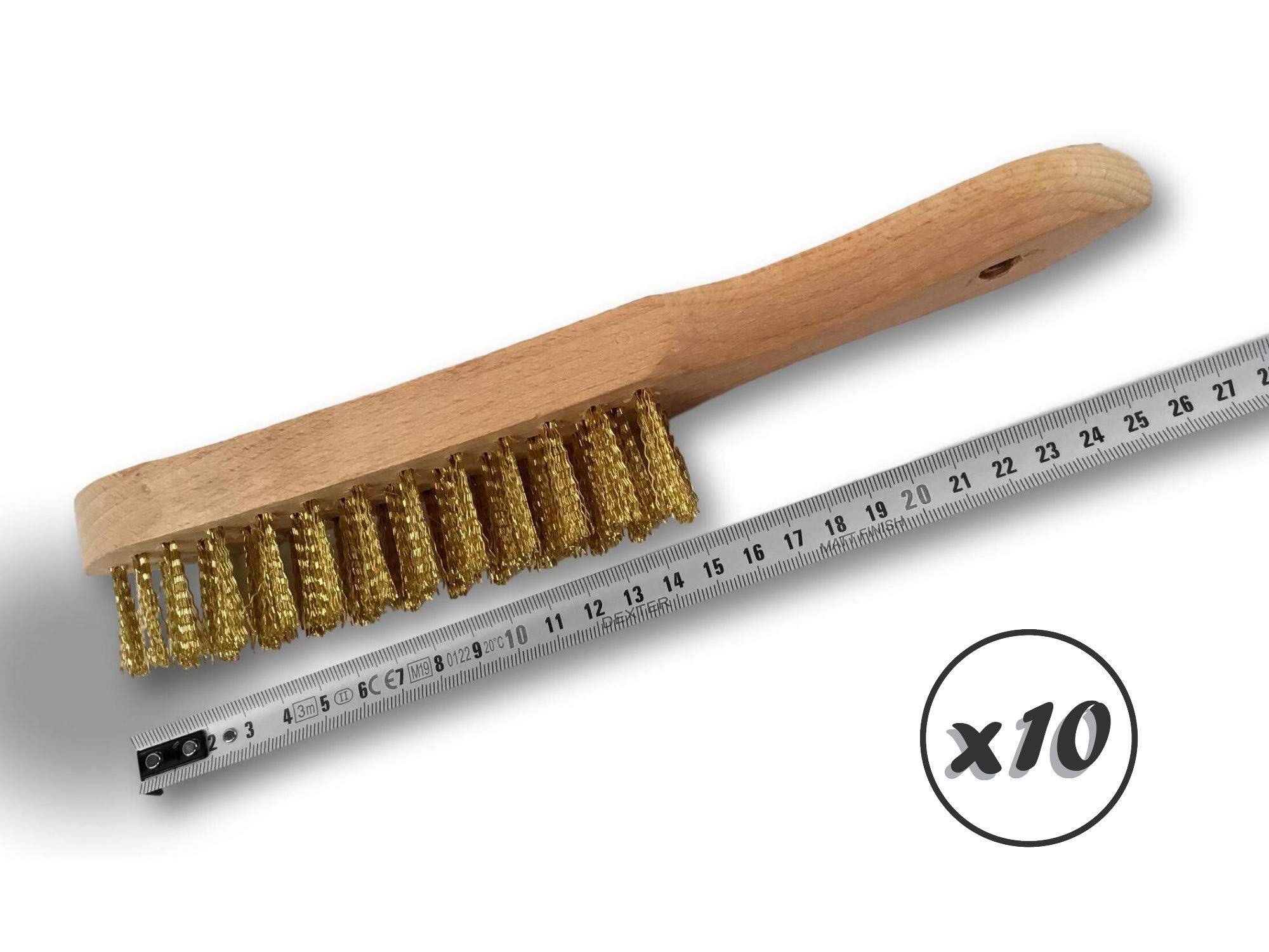 Standardowa szczotka druciana do spawania ręcznego | Zestaw 10 | 4-rzędowy mosiężny drut falisty 30 mm | Drewniany uchwyt | Szczotkowanie usuwanie rdzy | Kibros 32L4x10