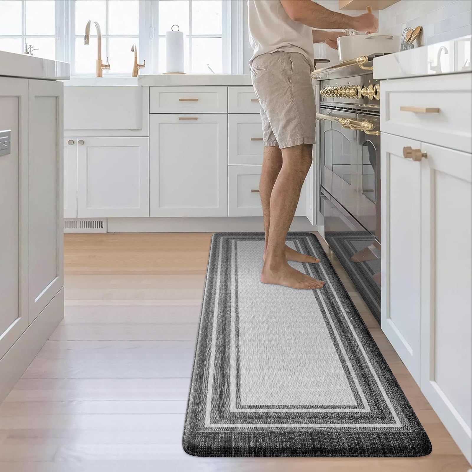 KIMODE Anti Fatigue Kitchen Mat, Cushioned Farmhouse Kitchen Runner, Non Slip Waterproof Kitchen Mat for Floor, Comfort Foam Standing Desk Mat for Laundry, Office, Sink Black 17.3"x59"