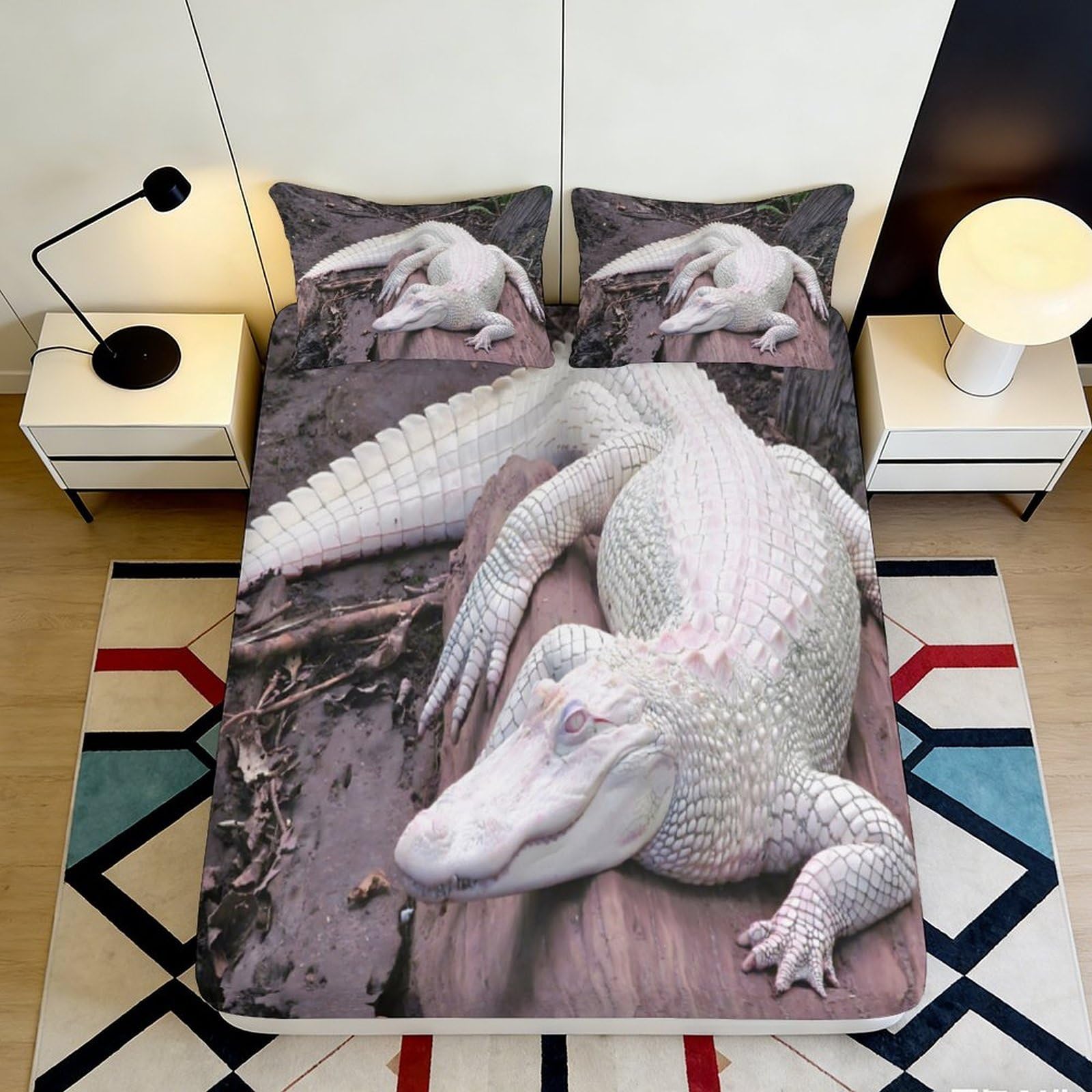 3D Printed Albino Alligator Fitted Sheet Microfiber Soft Durable White Crocodile Bed Cover for Bedroom Dormitory Guest Room Mattress Protection 120x200x25cm