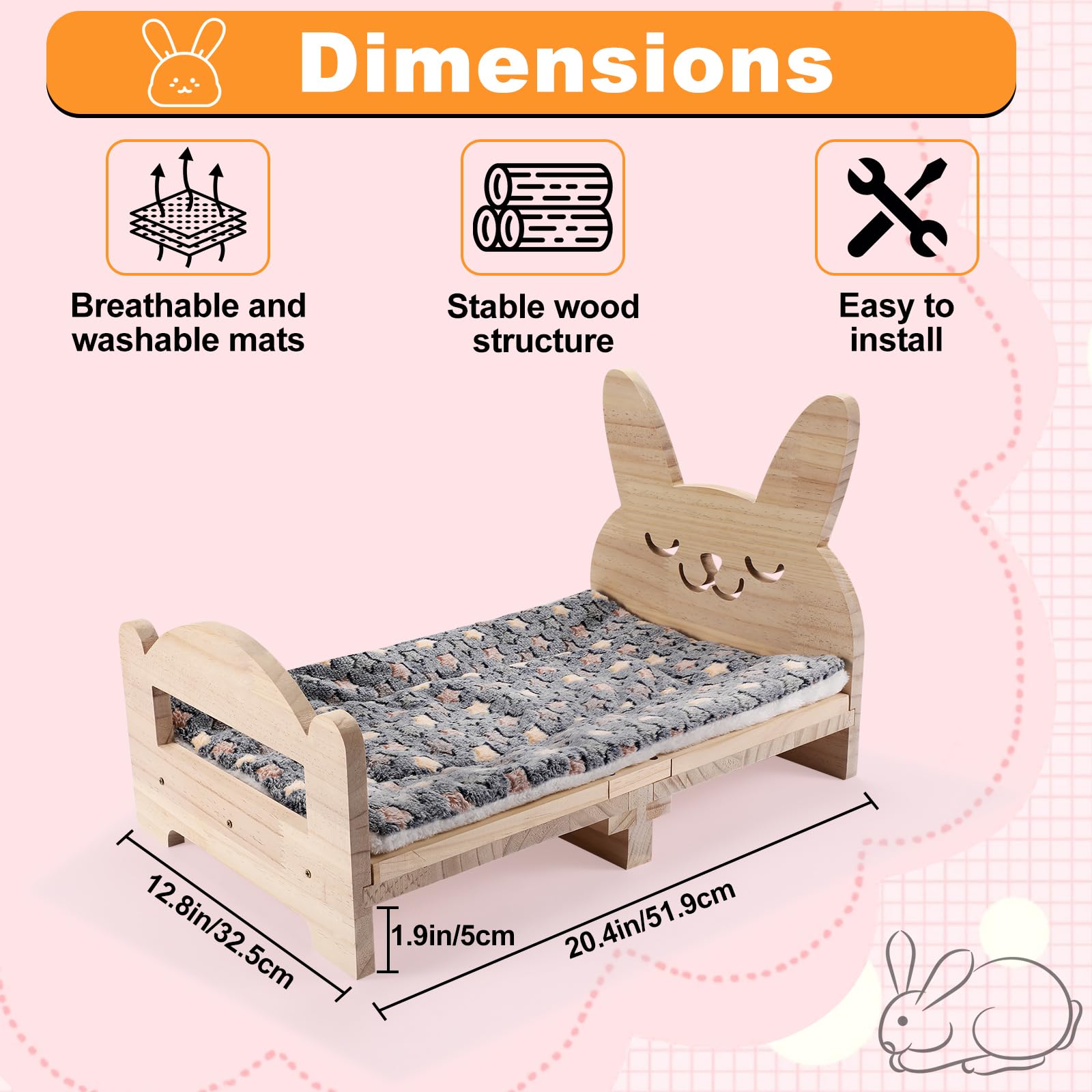 Cama grande de madera para conejos, fácil de montar, cama para mascotas de 20.4 x 12.8 pulgadas con estructura de soporte y cojín extraíble para conejos, cobayas, gatitos y animales pequeños