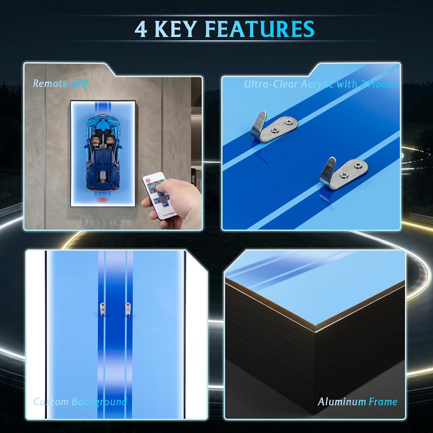 Display Wallboard for Lego Technic 42083 Bugatti Chiron Race Car, Display Wall Mount with Led Lights, Home Decor Adult Collectibles Wall Mount, Gift for Car Model Collectors(No Car Included)