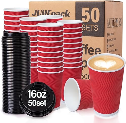 Tazas de café desechables con tapas, paquete de 50, tazas de café de papel de pared onduladas aisladas de 16 onzas, tazas de café helado para