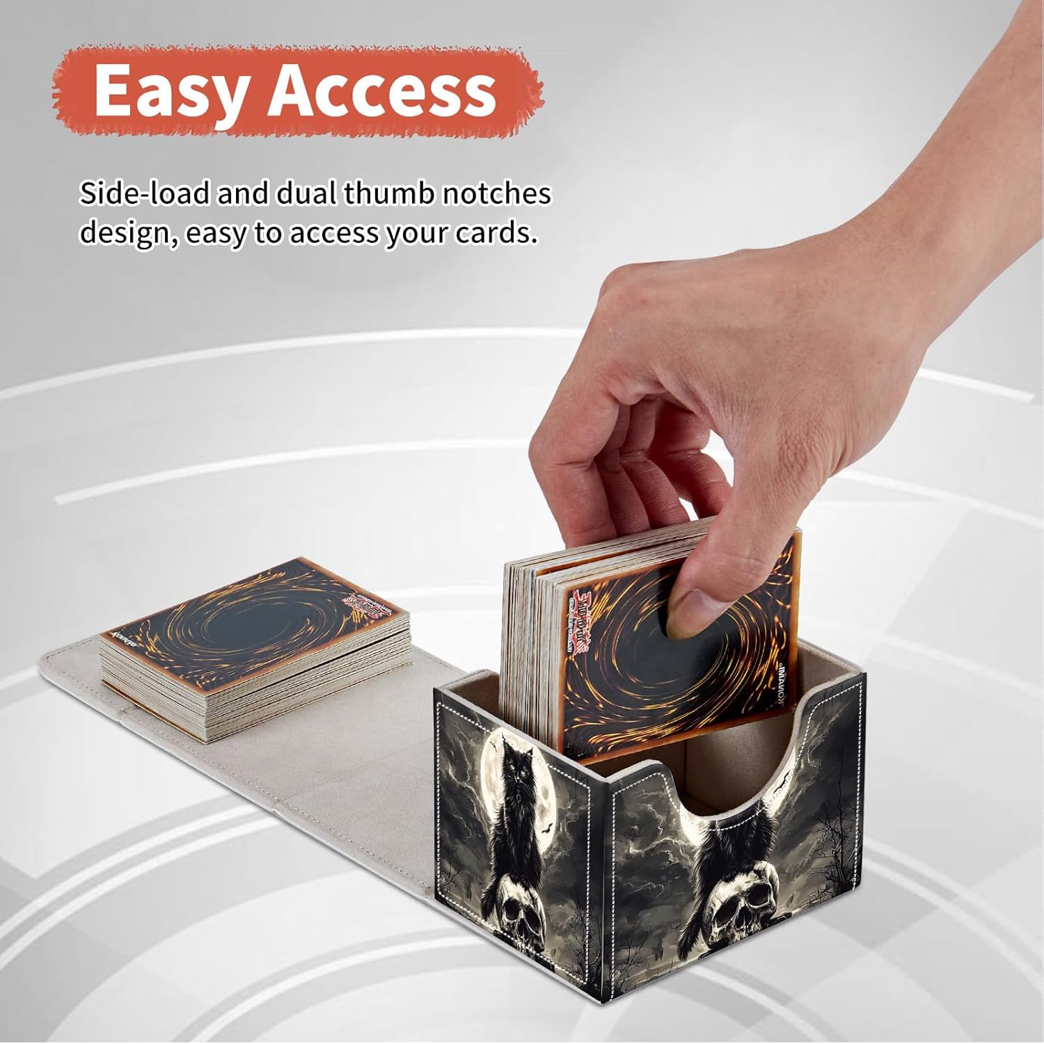 FUYOCWE Card Deck Box,MTG Commander Deck Box 100+ Double Sleeved Cards Storage,Magnetic Snap Leather Trading Card Case Oragnizer for TCG/CCG/Magic/Sports Cards-Black cat sit on a skull
