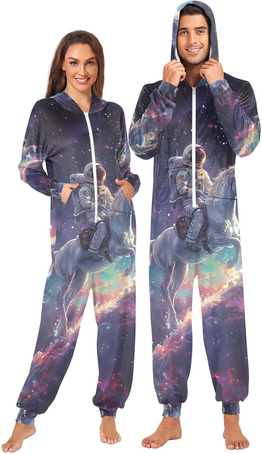 Funny Unicorn Astronaut Galaxy Unisex Adult Onesie Pajamas Comfy One Piece Costume Jumpsuits Novelty Sleepwear Homewear for Men Women