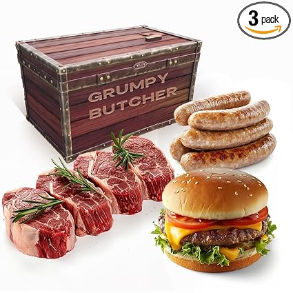 Grumpy Butcher Grilling Meats Bundle – 4 Top Sirloin Steaks (6 oz), 4 Wagyu Beef Hamburger Patties(½ lb each) & 6 Chicken Sausages (4.6 lb total) – Gift Box