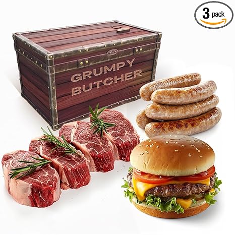 Grumpy Butcher Grilling Meats Bundle – 4 Top Sirloin Steaks (6 oz), 4 Wagyu Beef Hamburger Patties(½ lb each) & 6 Chicken Sausages (4.6 lb total) – Gift Box