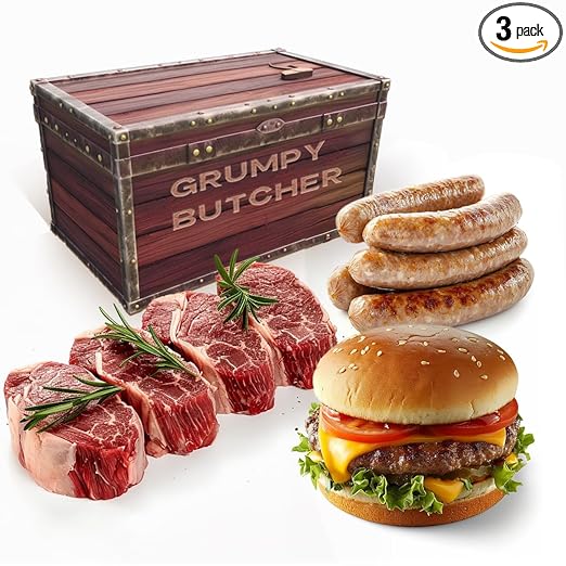 Grumpy Butcher Grilling Meats Bundle – 4 Top Sirloin Steaks (6 oz), 4 Wagyu Beef Hamburger Patties(½ lb each) & 6 Chicken Sausages (4.6 lb total) – Gift Box